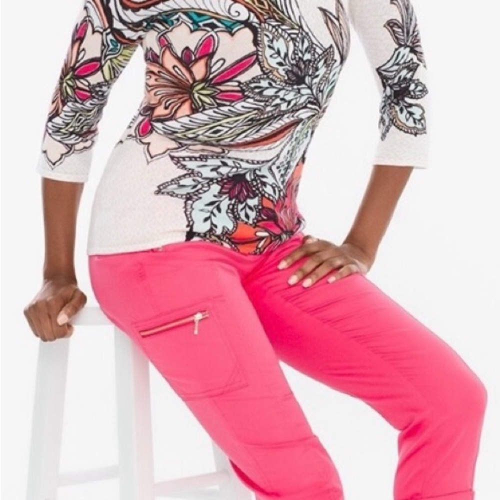 🌺 Chico's Cream Colorful Floral 3/4 Sleeves Pullover Lightweight Sweater Size: M - Picture 3 of 12